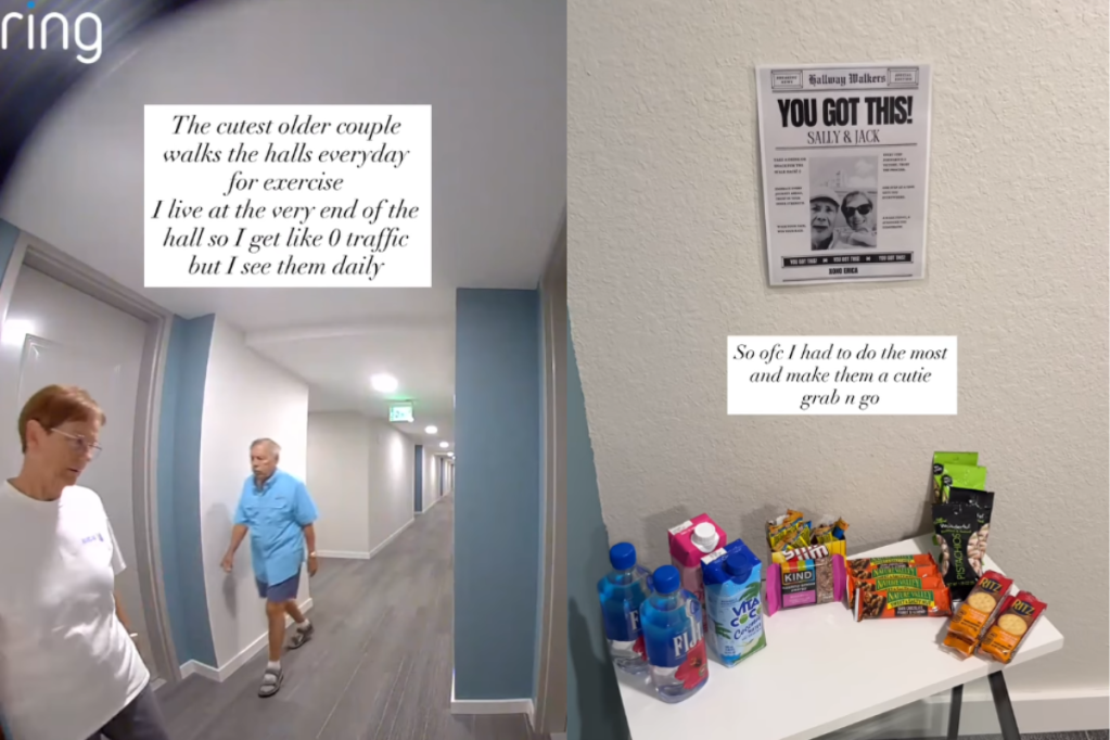 neighbors, hallway walking, ring camera, surprise video, snack, hydration