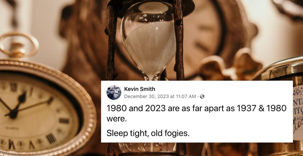 hourglass and clocks with screenshot of post saying 1980 and 2023 are as far apart as 1937 and 1980